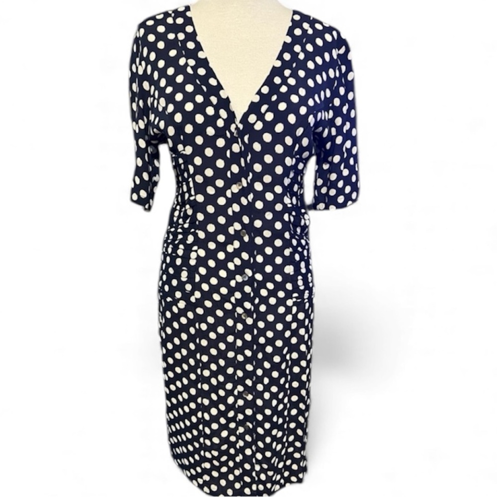 Ganni Blue and White polkadot Sheath Dress 3/4 Sleeve Crew Neck Casual size M